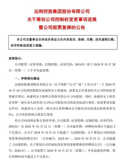 定了，明日复牌！实控人变更，未来或重组-第2张图片-十倍杠杆-股票杠杆