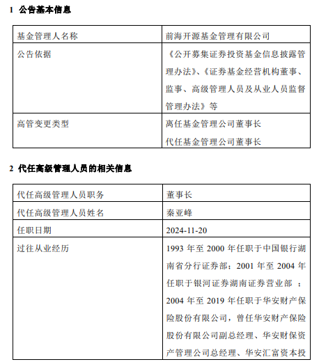 前海开源基金高管变更：董事长李强离任 总经理秦亚峰代任董事长职务-第1张图片-十倍杠杆-股票杠杆