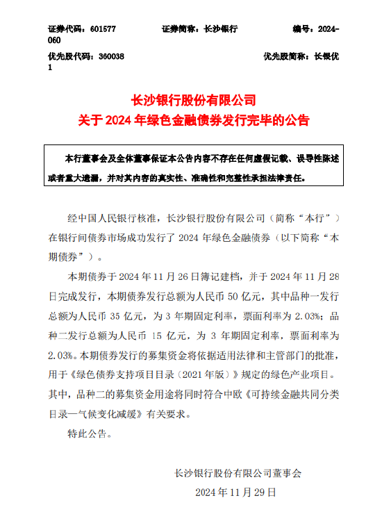 长沙银行：2024年绿色金融债券发行完毕-第1张图片-十倍杠杆-股票杠杆