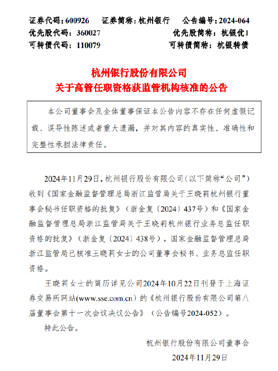 杭州银行：董事会秘书、业务总监王晓莉任职资格获批-第1张图片-十倍杠杆-股票杠杆