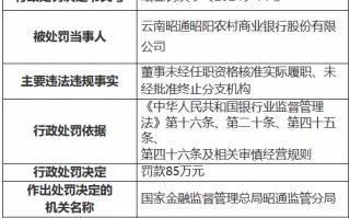 云南昭通昭阳农村商业银行被罚85万元：董事未经任职资格核准实际履职、未经批准终止分支机构