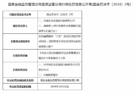 农发行固原市分行被罚60万元：因发放偏离服务“三农”定位的贷款且形成风险等-第1张图片-十倍杠杆-股票杠杆