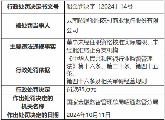 云南昭通昭阳农村商业银行被罚85万元：董事未经任职资格核准实际履职、未经批准终止分支机构-第1张图片-十倍杠杆-股票杠杆