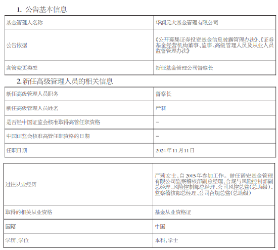 华润元大基金新任严莉为督察长 曾任职于诺安基金-第1张图片-十倍杠杆-股票杠杆